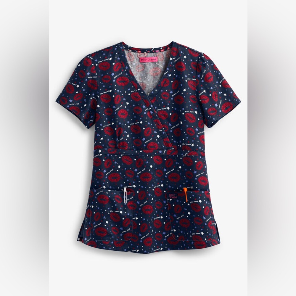 Betsey Johnson Navy and Red Printed Short Sleeve Scrub Top